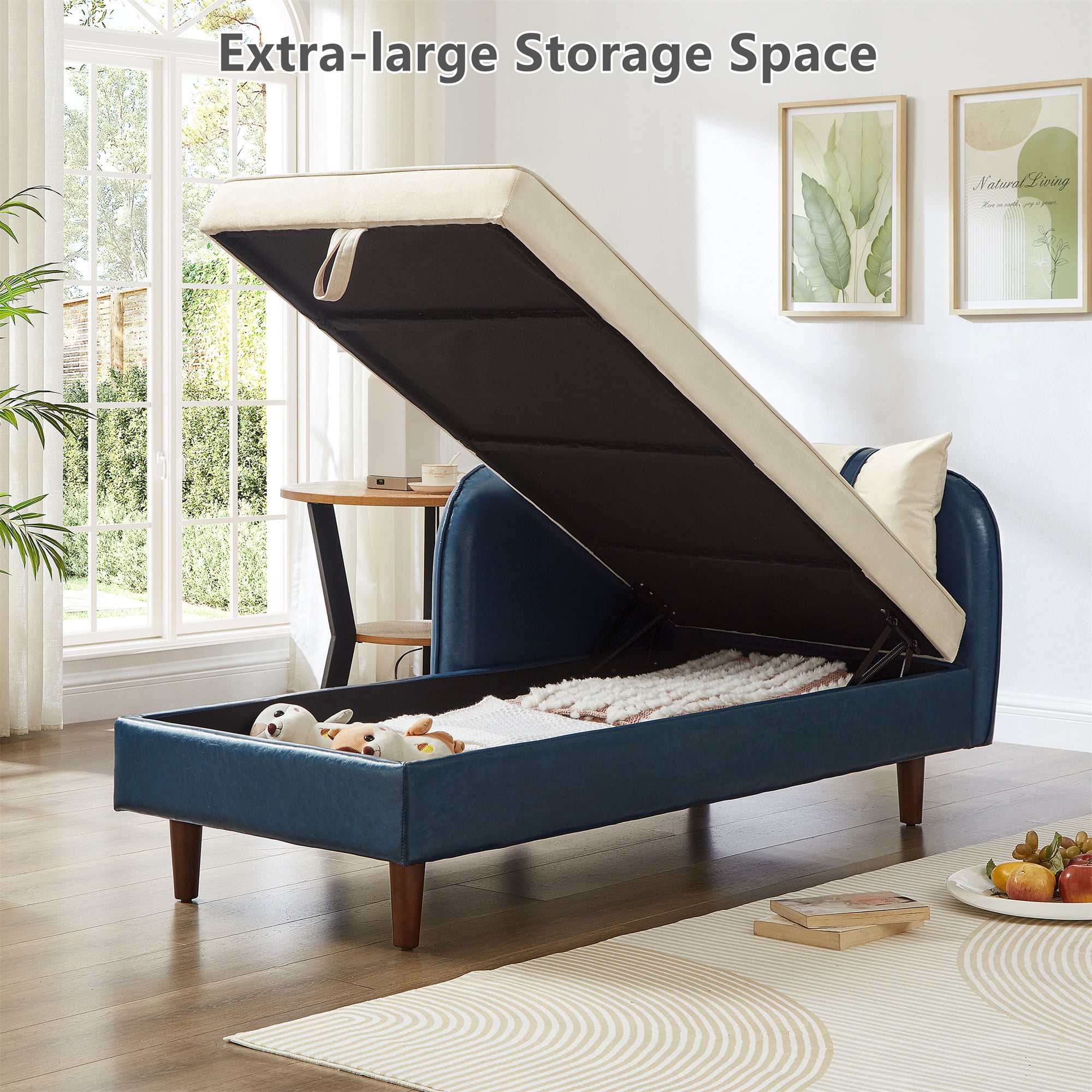 Aukfa 65" Storage Chaise Lounge Indoor Leather Sofa for Living Room Bedroom, Wooden Legs, 2 Pillows, Blue & Beige