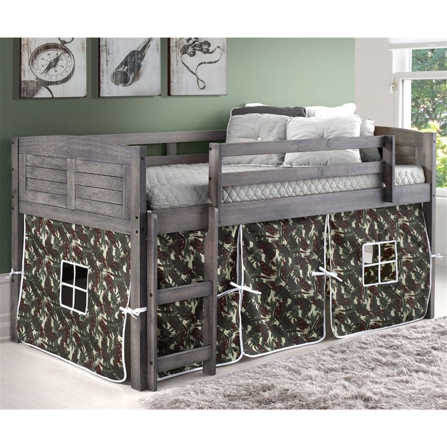 Donco Kids Louver Low Twin Loft BedColorAntique Grey,TentCamo Tent