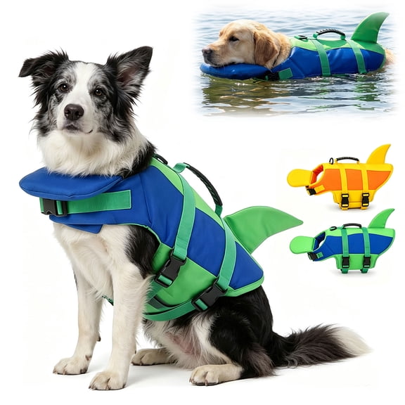 Dog Life Jacket with Chin Float & Head Support, Shark Swim Vest with Chin Rest, Safety Buoyancy Vest for Small Medium Large Dogs