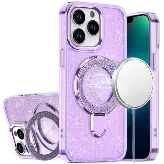 For iPhone 13 Pro Transparent Glitter Rotaional Magnetic Ring Stand HQ Hybrid - Light Purple