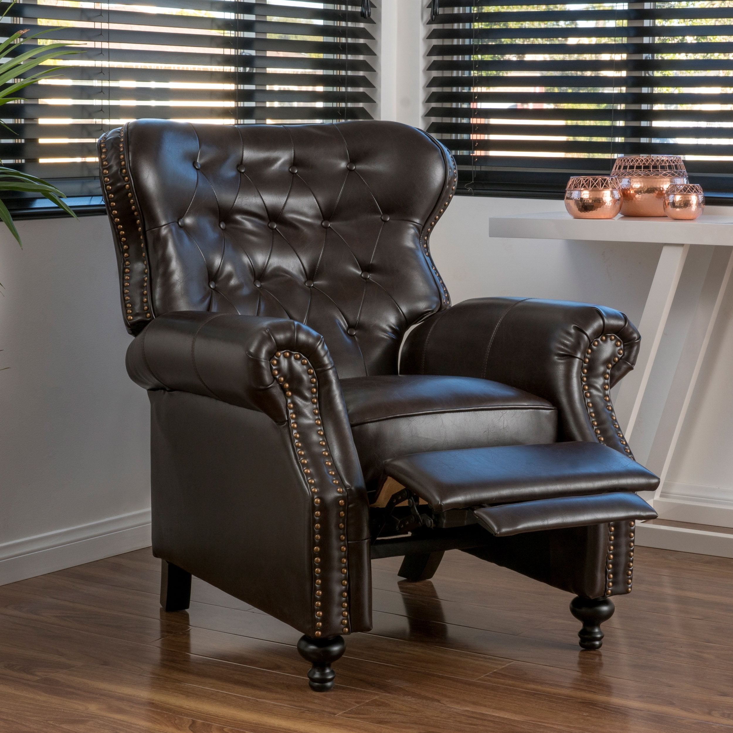 Euroco Copper Accented Push Back Recliner Chair with Rolled Arms, Upholstered Manual Recliner with Hump Feet – Elegant Armchair for Living Room, Bedroom, or Office