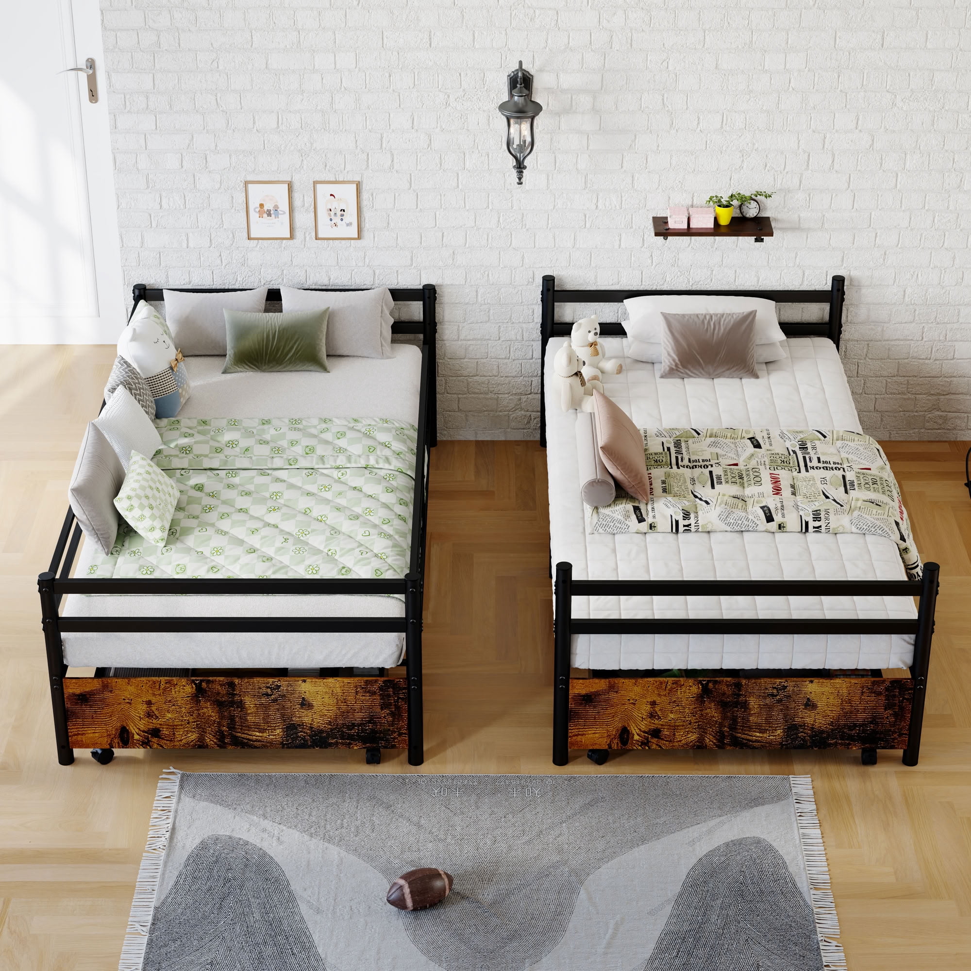 MAYEERTY Metal Bunk Bed with Drawers, Heavy Duty Twin Over Twin Bed Frame with High Guardrail and Ladder, Noise Free Under-Bed Storage Space