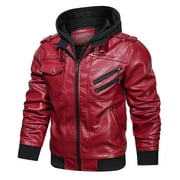 Hood Crew Mens Pu Faux Leather Jacket with Removable Hood Red XL