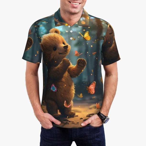 Fotbe Cute Butterfly Bear Camiseta Polo de Golf para Hombre con Estampado – Camisa Deportiva Transpirable con Cuello Abotonado-X-Large
