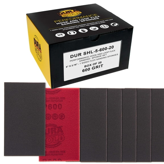 Dura-Gold 600 Grit 5" x 2-3/4" Sanding Sponges, Box of 10 - Performance Hook & Loop Wet or Dry Flexible Sandpaper Sponge Pads - For Hand Sanding Blocks, Palm Sanders - Polish Metal, Auto Paint, Wood