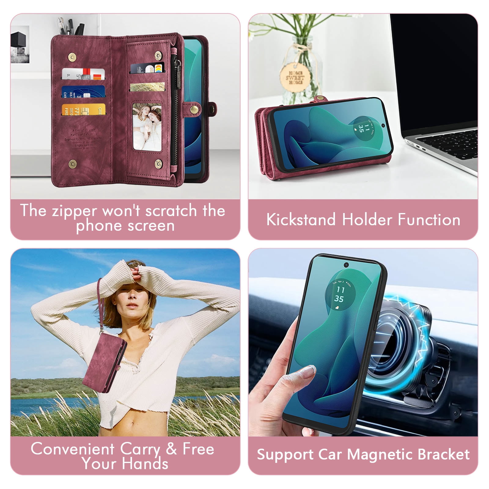 Asuwish Compatible with Motorola Moto G 5G 2024 Phone Case Zipper Wallet Detachable Tempered Glass Screen Protector Crossbody Lanyard Strap Flip Card Holder Cell Cover for G5G 5 G G5 Women Girls Red
