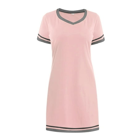 GAHZENB Women s Summer Casual Dress Women s Summer Casual Soft And Comfortable Round Neck Loose Contrast Color Short Sleeved Multi Color Nightdress Pink S