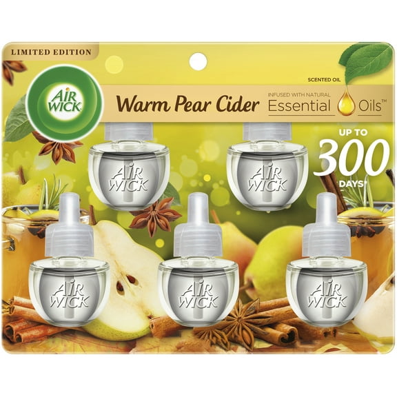 Air Wick Plug in Scented Oil 5 Refills, Warm Pear Cider, Essential Oils, Air Freshener Fall Scent, Fall décor