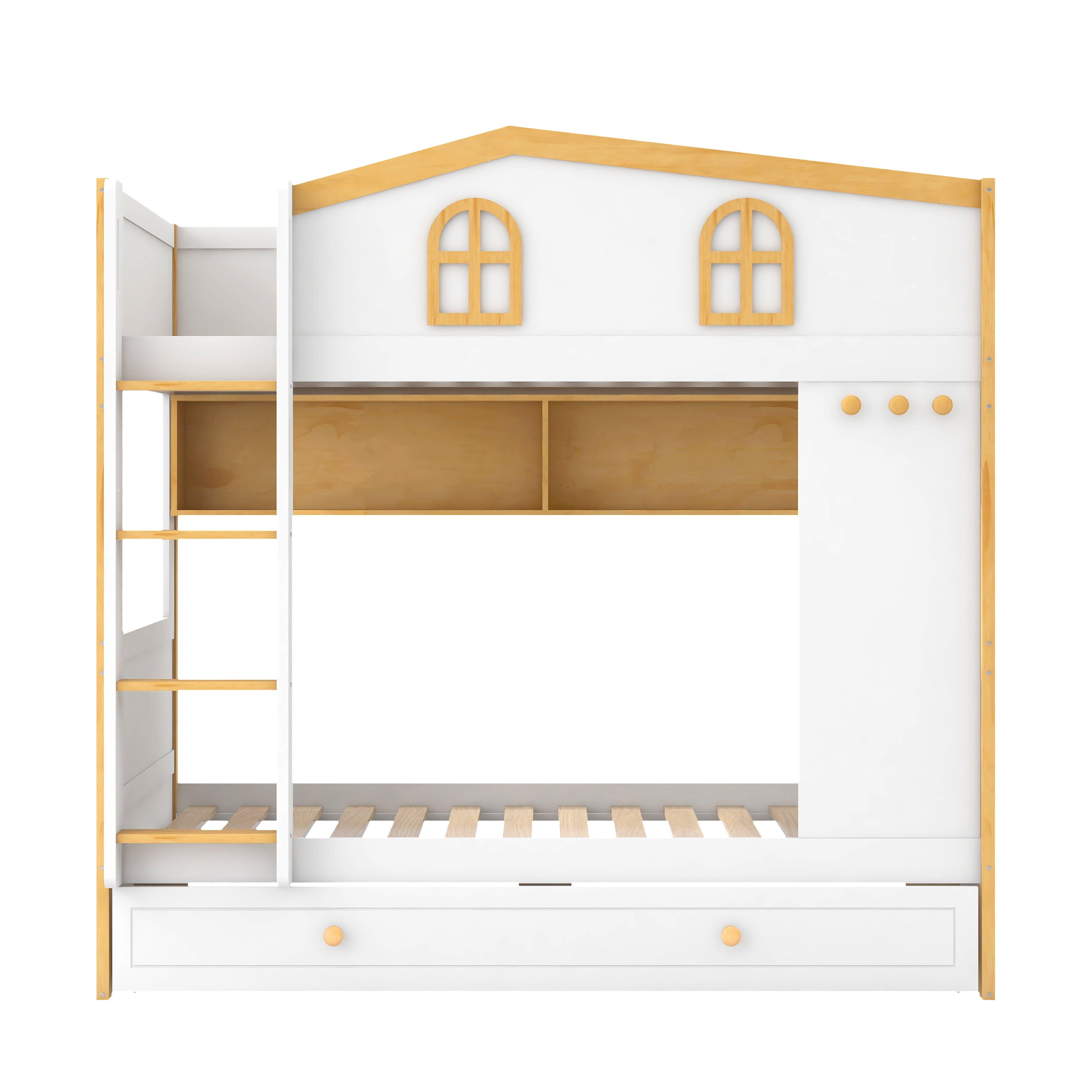 Euroco Wood Twin over Twin Bunk Bed with Shelves and Trundle, House Bed with Guardrails, White