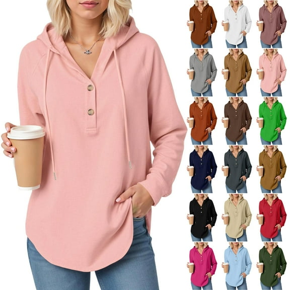 idosla Womens Tops V Neck Button Sweatshirt for Women Pullover Long Sleeve Shirts Fall Outfits 2025 Loose Fit (Coffee, S)