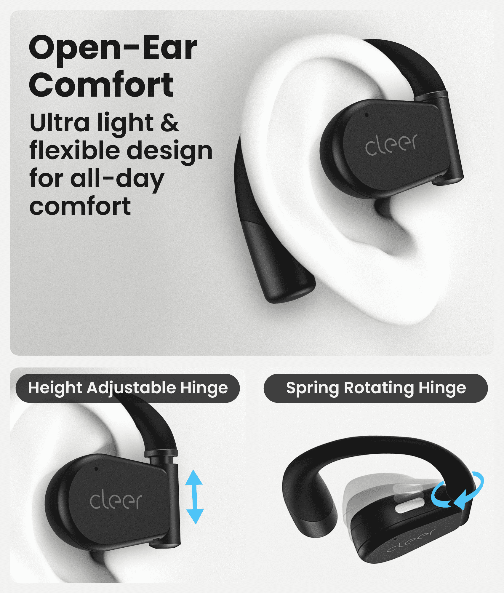 Cleer ARC3 Open Ear True Wireless Earbuds, IPX7 Waterproof Headphones with Earhooks, Built-in Microphone, Black
