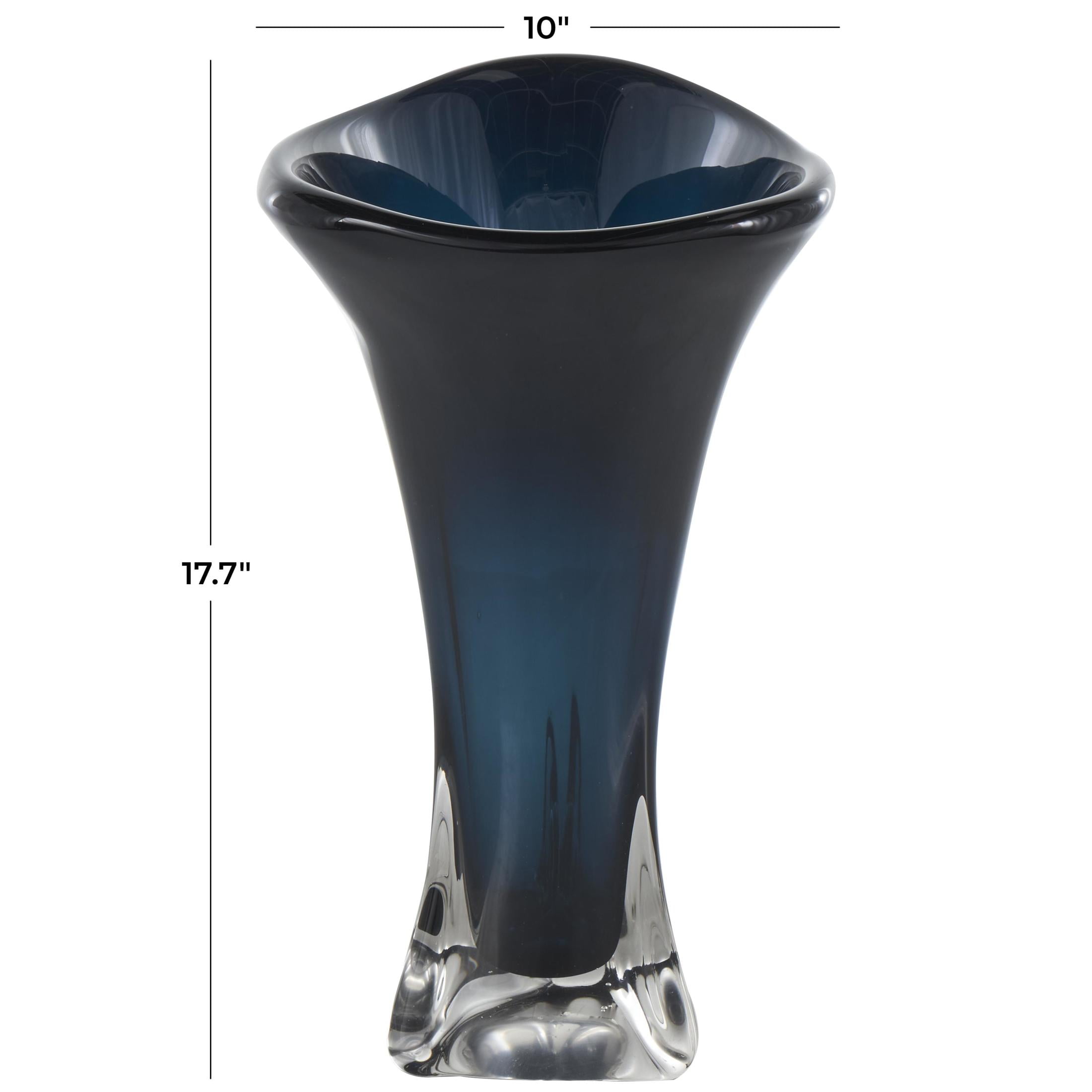 DecMode 18" Abstract Ombre Tulip Dark Blue Glass Vase with Clear Base