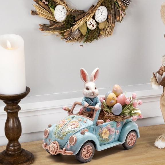 Easter Bunny Figurine Decor, Driving White Rabbit Statue Tabletop Ornament, Festival Present for Garden Home Table Office Dining Room Mantle Party Supplies,A