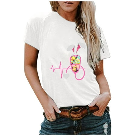 

Clearance Clothes White Blouse for Women Trendy Tops for Women 2023 Women O-Neck Bunny Print T-shirt Short Sleeve Casual Loose Blouse Rabbit Print Corset Tops for Women White 3XL