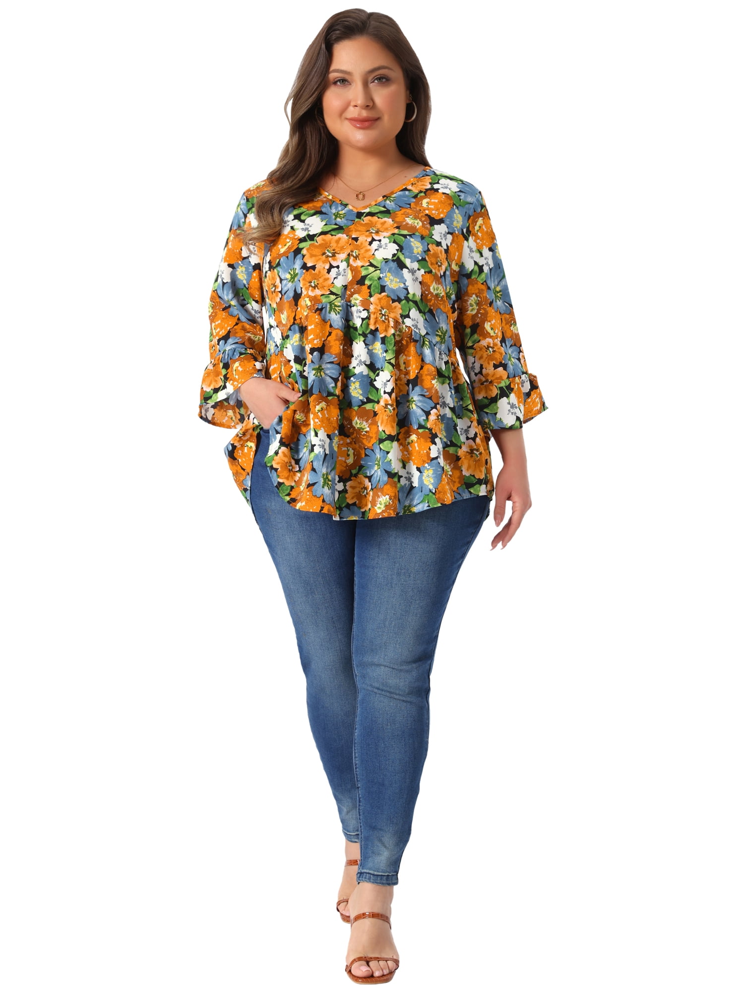 DARING DIVA Women's Plus Floral Blouses V Neck Ruffle Babydoll Peplum Tops 1X Black Orange
