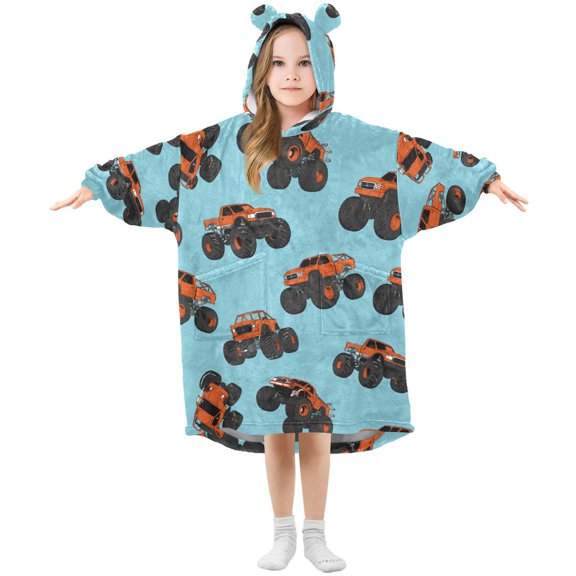 Blue Monsters Truck Pattern Kids Wearable Blanket Hoodie Toddler Oversized Sherpa Sweatshirt 3-14 YR M