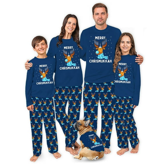 Funny Moose Hanukkah Matching Pajamas For Family And Dog, Cotton And Poly Blend, 2 Piece Set
