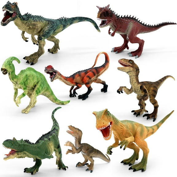 8 PCS Large Dinosaur Figures with Movable Jaws – 9.6" Allosaurus, 7.5" Parasaurolophus, 6.5" Velociraptor – Realistic Dinosaur Toys for Kids Play & Collection