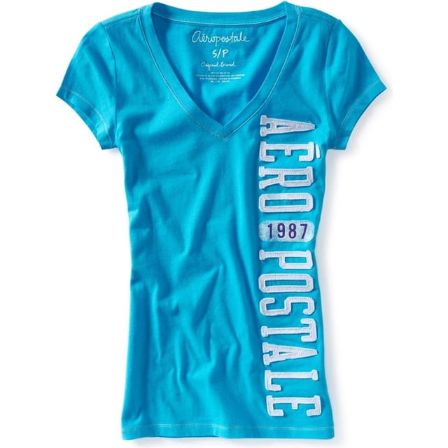Camiseta gráfica con cuello en V para mujer de Aeropostale, azul, pequeña