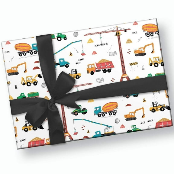 Construction Vehicles Birthday Wrapping Paper, 3 Sheets