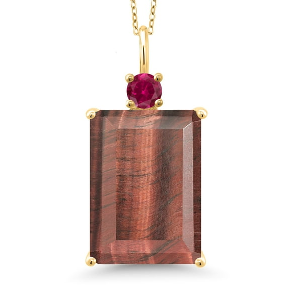 Gem Stone King 18K Yellow Gold Plated Silver Red Tiger Eye and Red Created Ruby Pendant Necklace for Women (12.25 Cttw, Emerald Cut 18X13MM, With 18 inch Silver Chain)