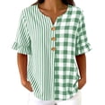 thumbnail image 2 of Womens Cotton Linen Tops Summer Elbow Length Sleeve Tshirts for Women Striped Plaid Printed Ruffled Button V Neck Top, 2 of 6