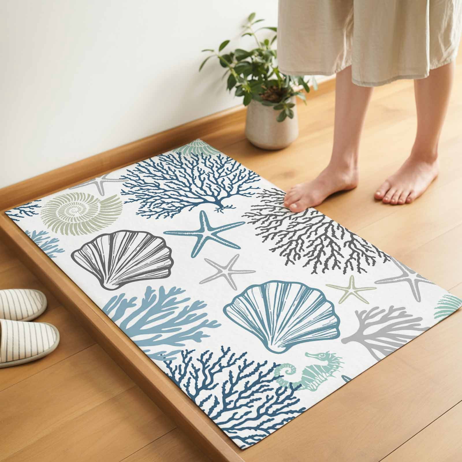 Navy Blue Teal Coastal Indoor Door Mat - 18"x30", Non-Slip Welcome Mat for Outdoor, Summer Beach Coral Shell Ocean Front Doormat for Entry, Low-Profile Doormat Entrance Rug for Kitchen/Bathroom