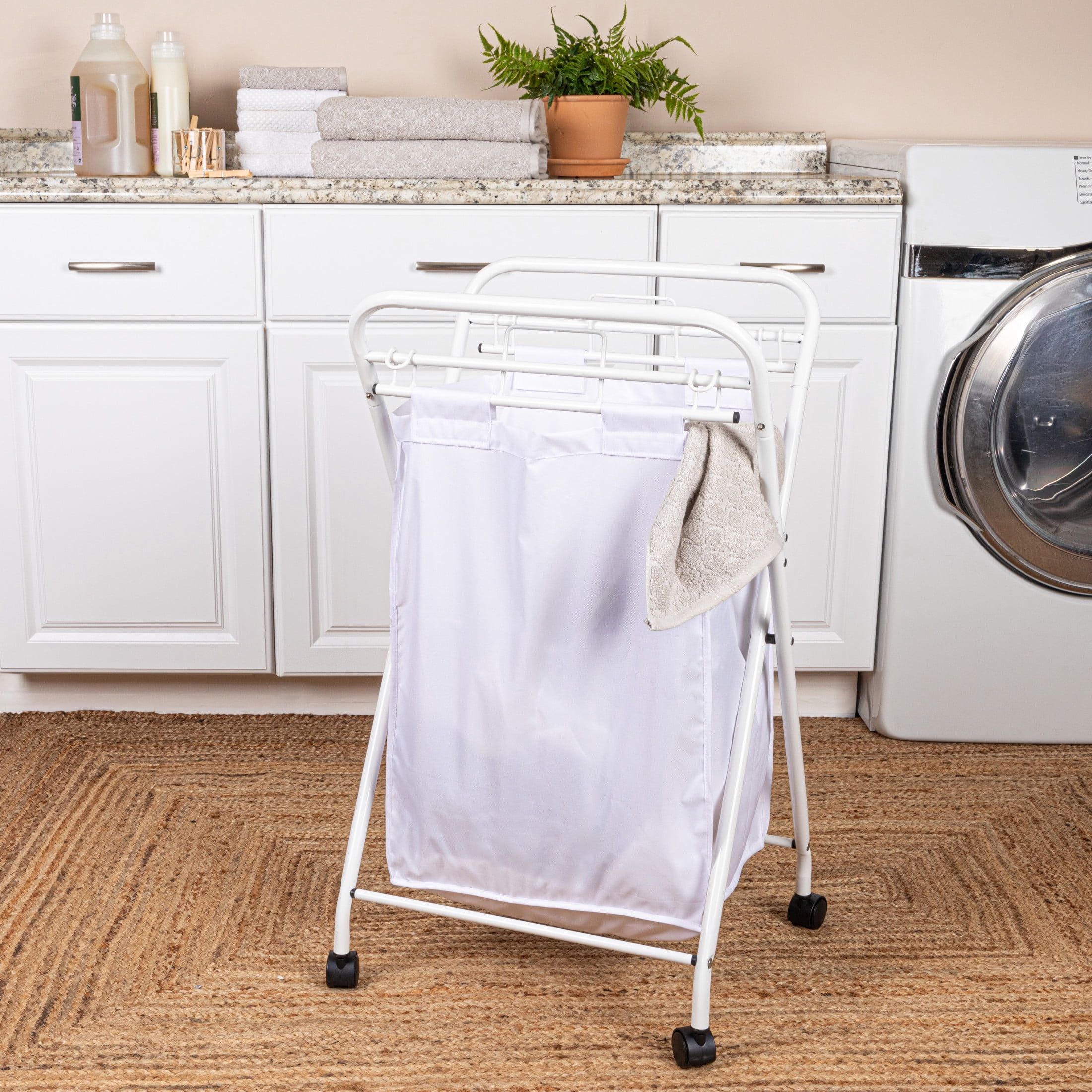 Household Essentials Rolling Laundry Hamper, Heavy Duty Canvas Bag, 2 Load Capacity, Foldable Frame, White Bag with Velcro Fasteners, White