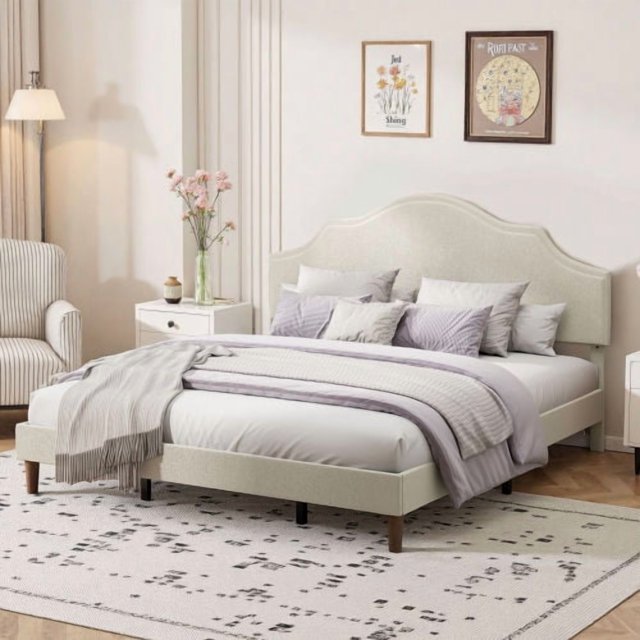 King Size Bed Frame Upholstered Platform Bed with Adjustable Headboard,Linen Fabric Padded,Modern Simple Style Platform Bed No Box Spring Needed, Easy Assembly, Beige