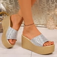 thumbnail image 3 of Rokment Sparkly Metallic Platform Wedge Slip on Sandals for Women Dressy Bridal Bling Trendying Casual Leather Height Increasing Chunky Heeled Dress Slides Comfy Walking Slippers Silver Size 9, 3 of 7