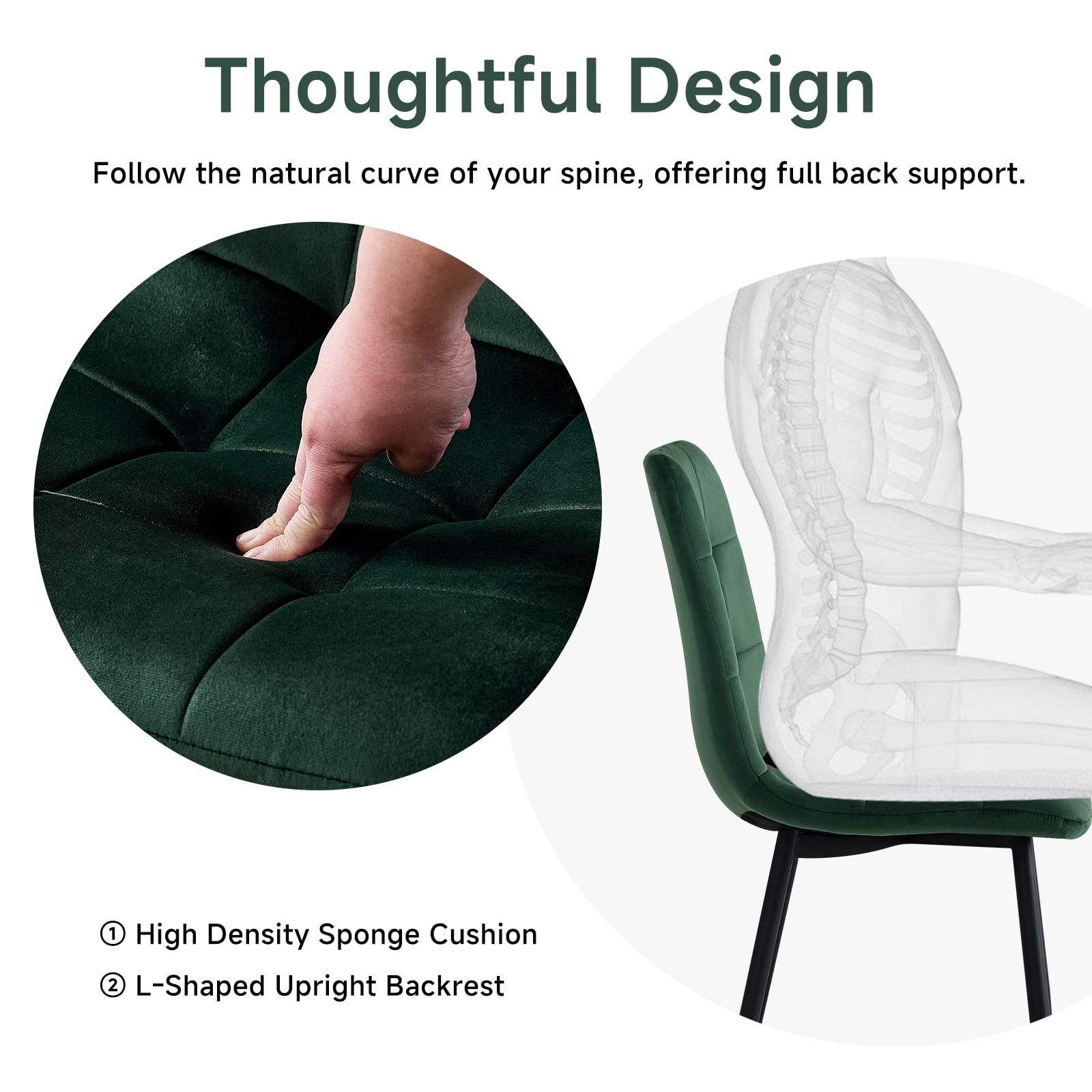 Set of 4 Velvet Dining Chairs - Mid Century Modern Dinning Chair, Upholstered Cushion Seat, Square-Patterned Backrest, Dinner Chairs with Metal Legs for Dining Living Room, Bedroom, Green