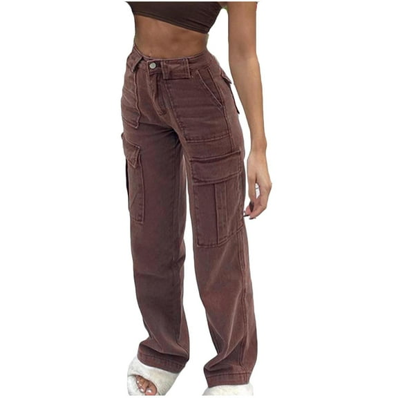 BRDFRL Women High Waist Baggy Jeans Wide Leg Straight Demin Cargo Pants Casual Loose Trousers Y2k Fashion Streetwear Brown M