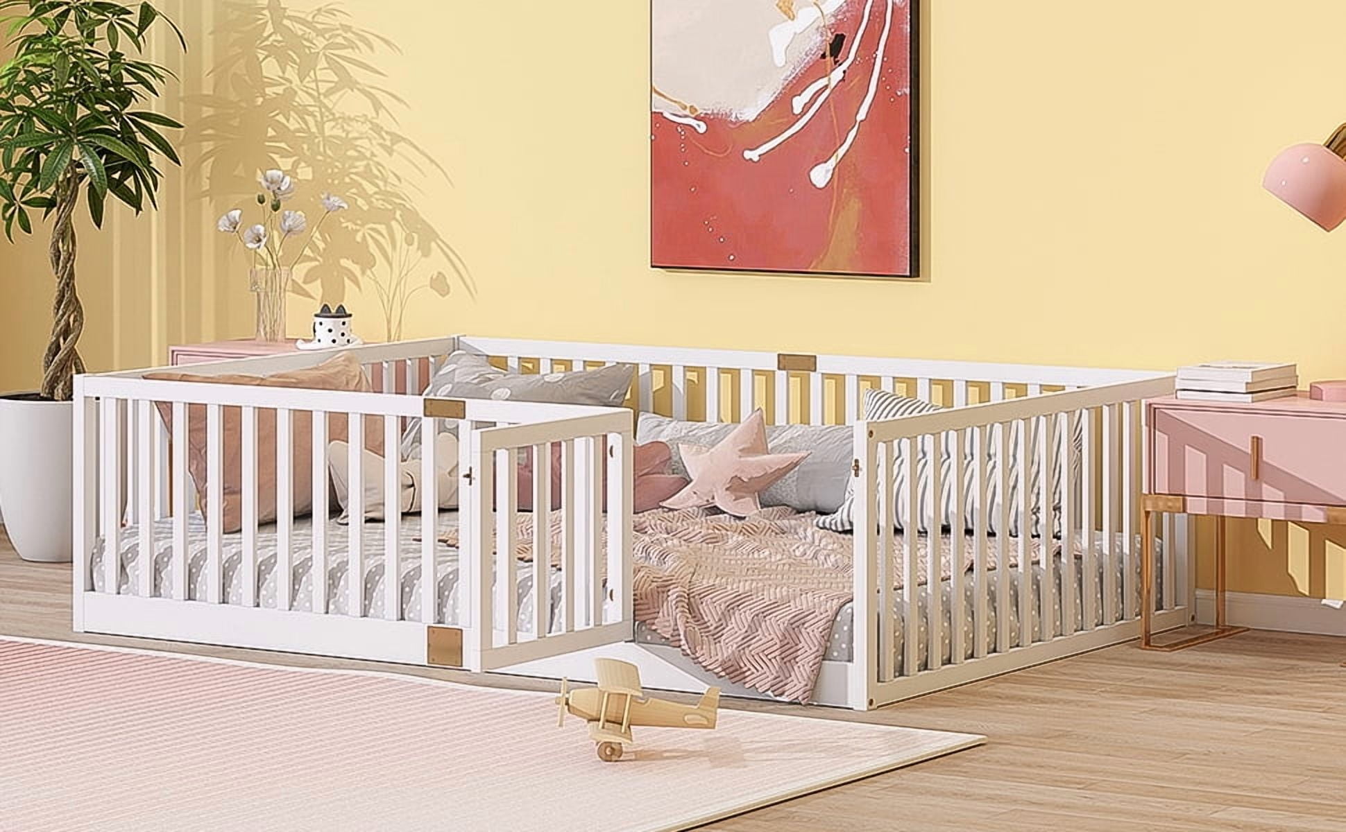 Full Size Rubber Wood Floor Bed with High Fence Railings and Revolving Door, White Safety Guardrails Kids Platform Bed with 6 Support Slats for Compact Bedroom
