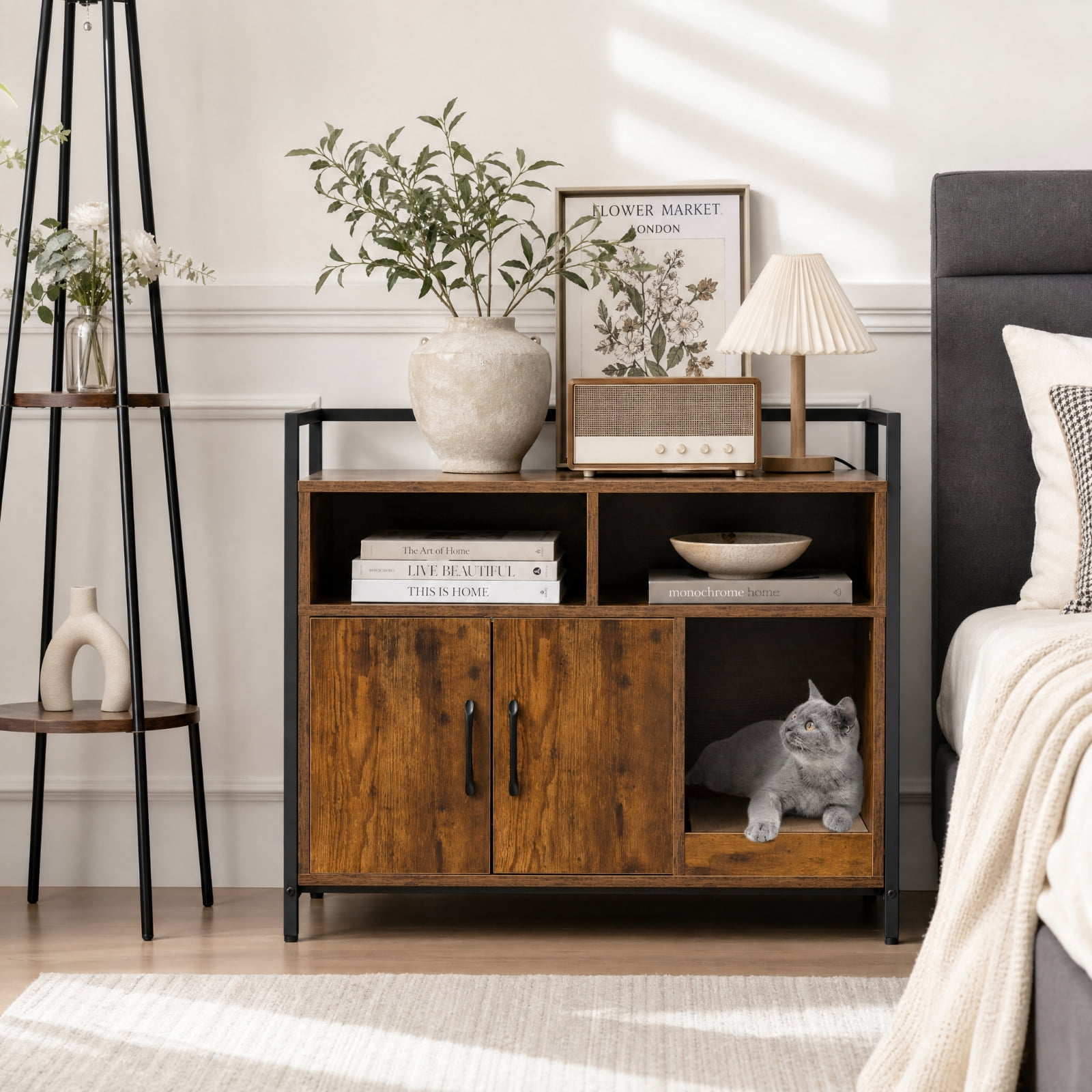 SUGIFT Hidden Cat Litter Box Furniture with Double Doors, Enclosed Cat Washroom Side Table Cabinet with Scratch Cardboard, Coffee