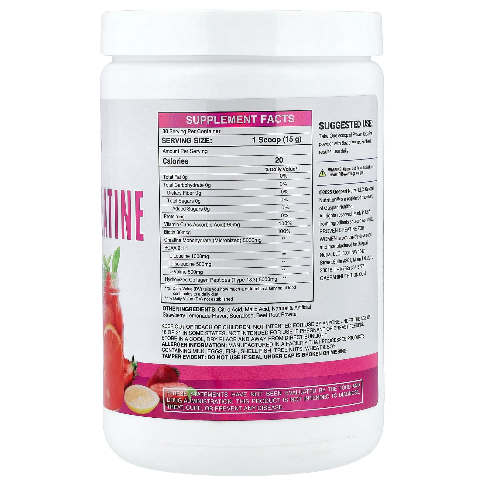 Gaspari Nutrition Proven Creatine For Women, Strawberry Lemonade, 15.87 oz (450 g)