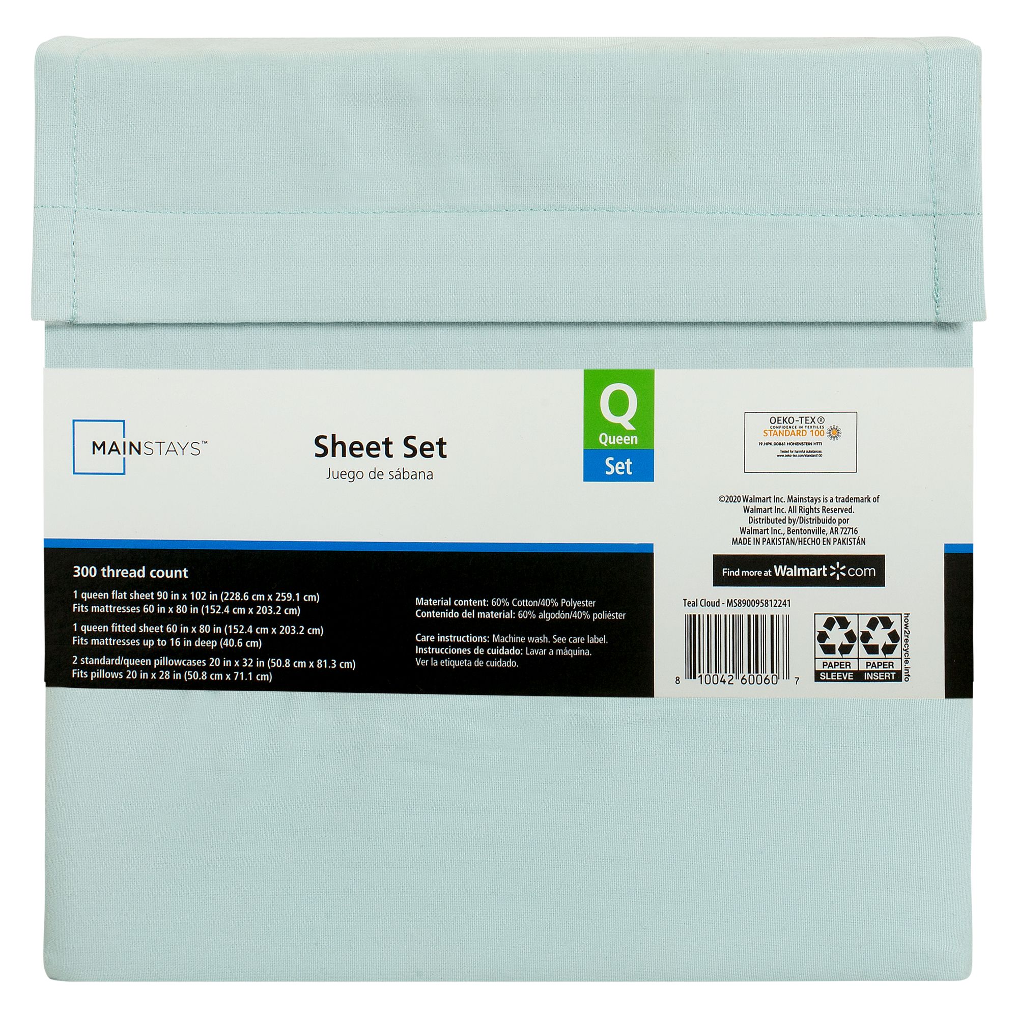 Mainstays 300 Thread Count Easy Care Percale Bed Sheet Set, Queen, Teal Cloud, 4 Piece