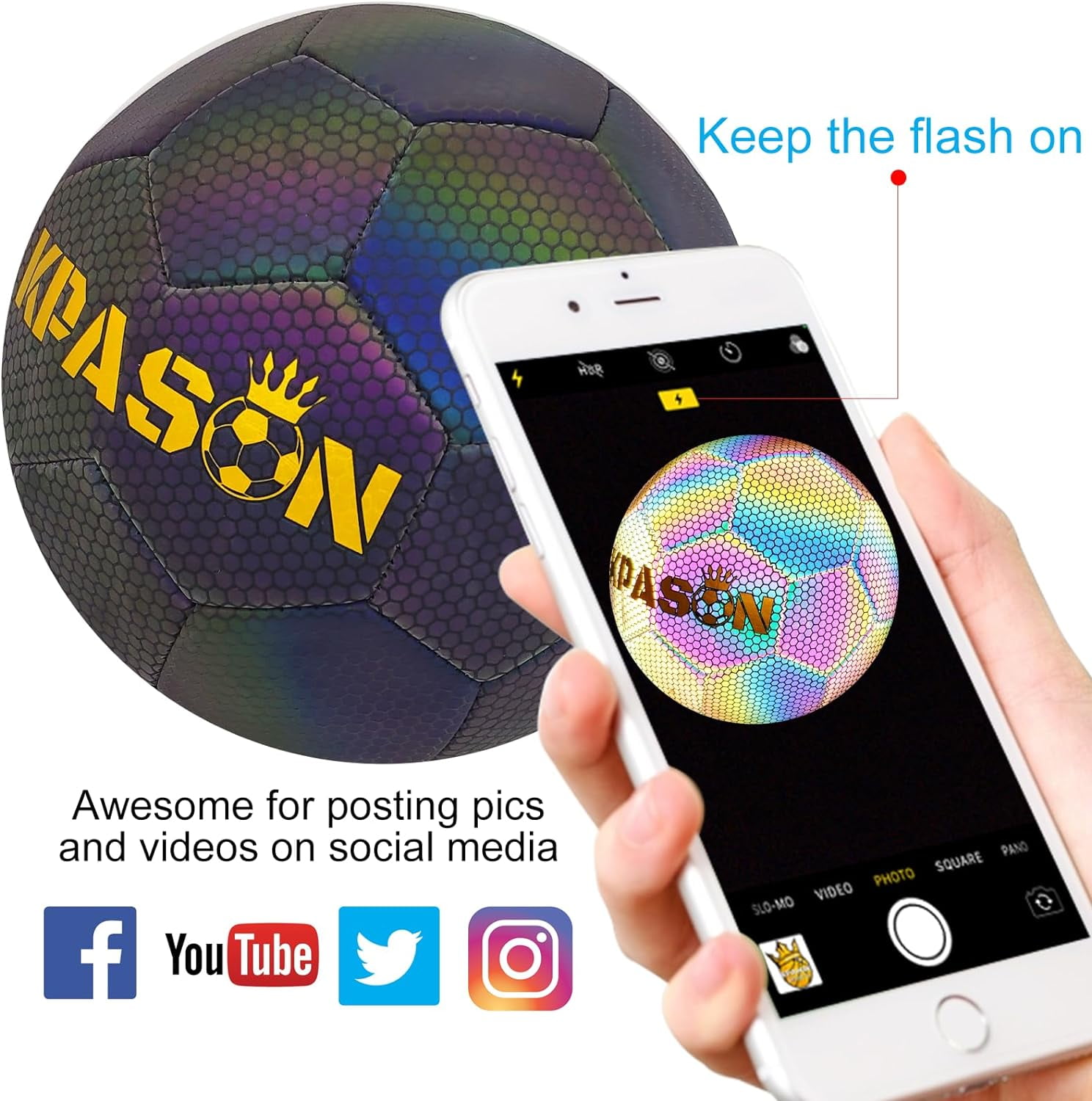 Soccer Ball, Holographic Soccer Ball Reflective Glowing Soccer Ball Gift for Boys, Girls, Youth, Men Indoor-Outdoor Soccer Training & Night Games