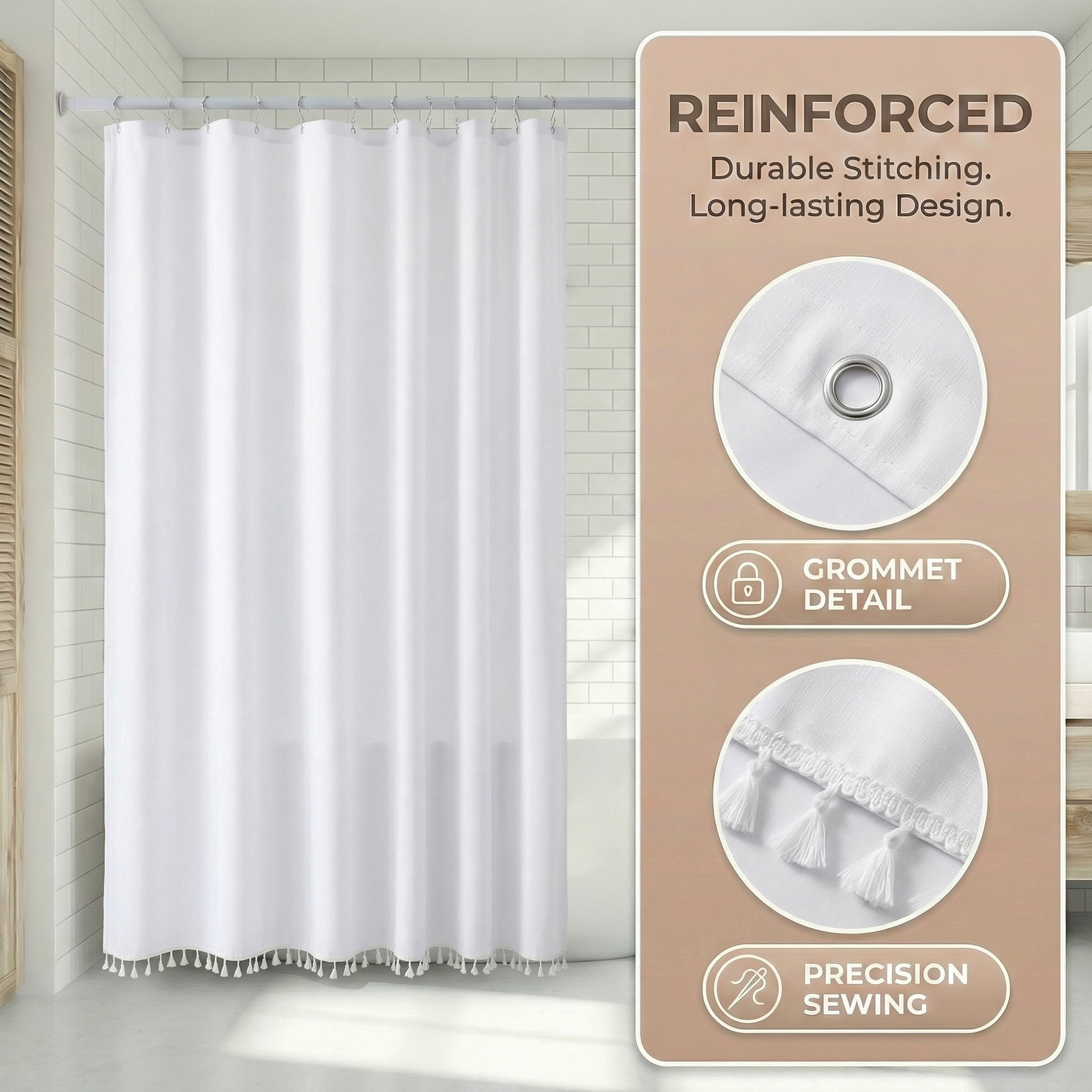 Unique Bargains Solid Trimmed Shower Curtain Sets with 12 Hooks White 71"W x 71"L