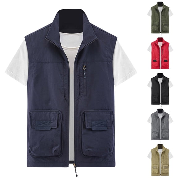 Lovskoo Men's Workout Vest Coats Tank Tops Sleeveless Thin Sports Multi-Pocket Casual Quick-Drying Loose Hiking Cargo Outdoor Jackets Gray