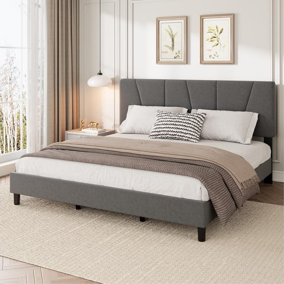 California King Size Upholstered Bed Frame with Adjustable Headboard, Linen Platform Bedframe with Strong Wooden Slats, Mattress Foundation, No Box Spring Needed, Easy Assembly
