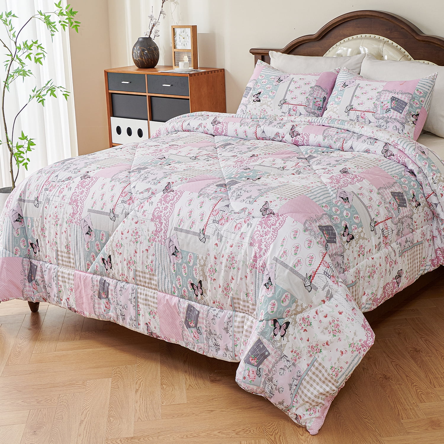 Evenhug Comforter 3-Piece Queen Purple Patchwork Floral Comforter Set With Pillowcases