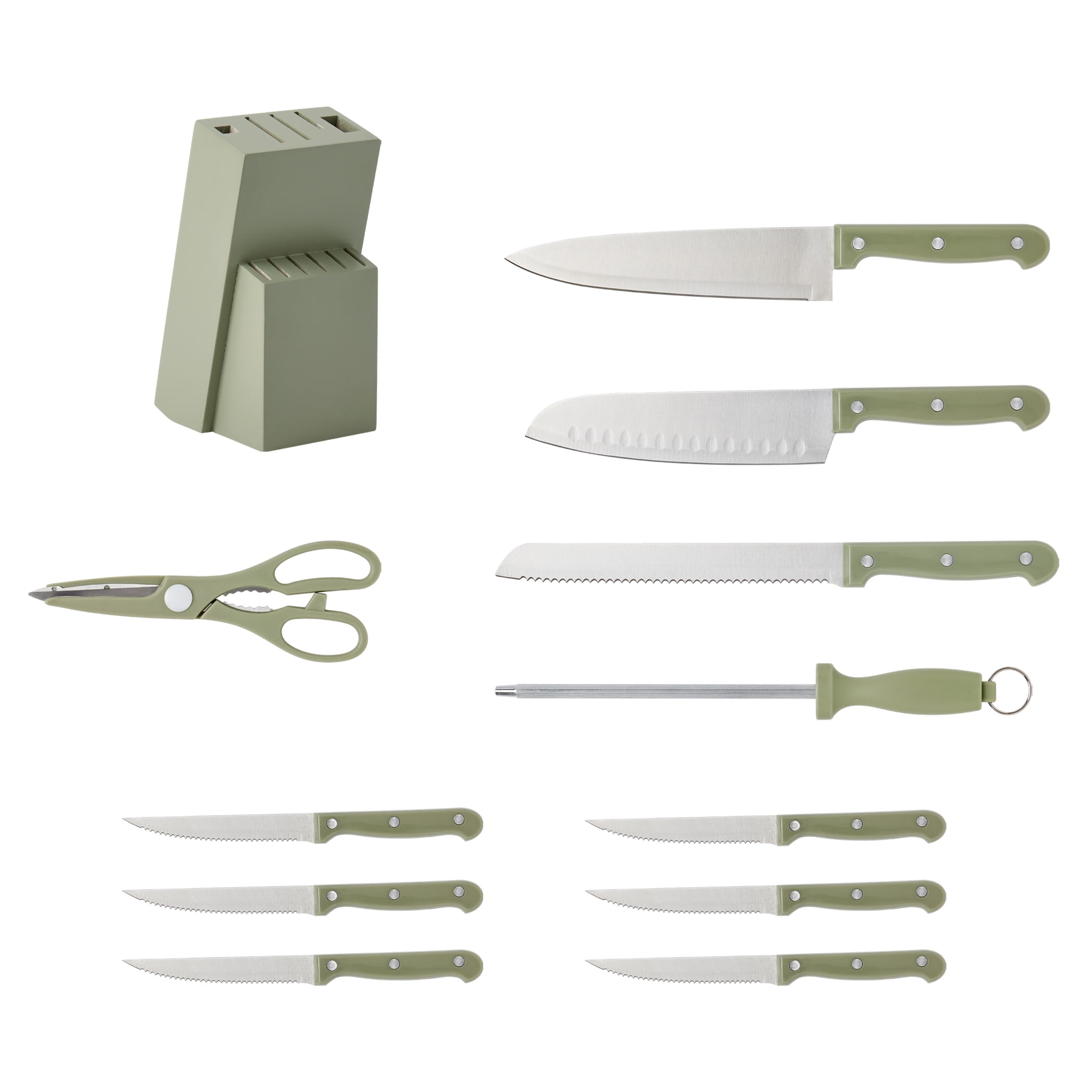 Basic Essentials 12 Piece Stainless Steel Kitchen Knife Set with Wood Block, Sage Green