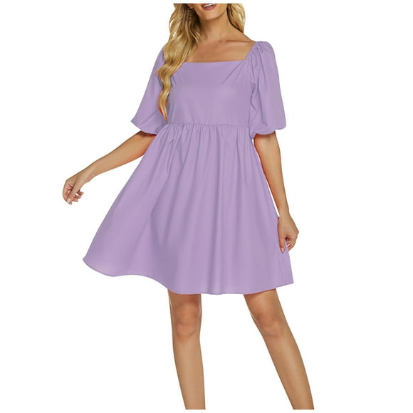 Drppepioner Robe d'Été 2024 pour Femme à Encolure Carrée, Manches Bouffantes Courtes, Couleur Unie, Taille Haute, Robe d'Été Décontractée Ample pour Femme, Couleur Unie, Taille Haute, Manches Bouffantes, Robe Trapèze, Violet