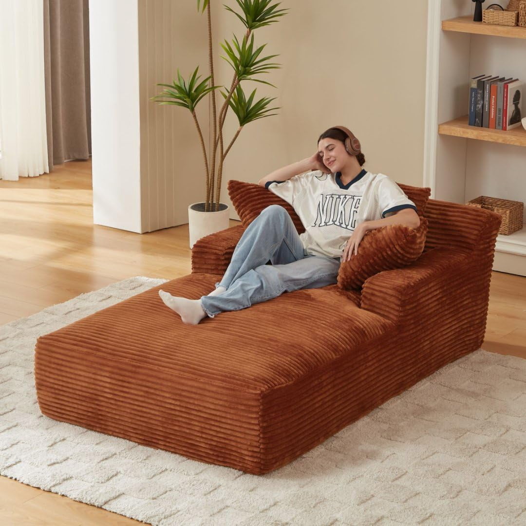 AENKYO 80" Oversized Corduroy Chaise Lounge, Fully Assembled, No Assembly Required, Orange
