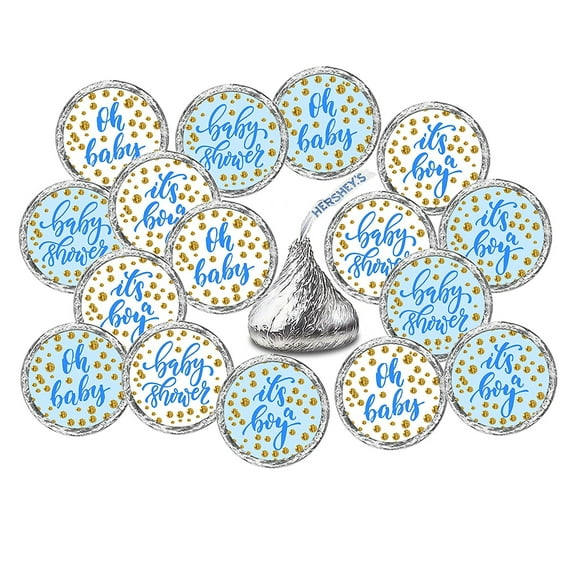 324 Blue Oh Baby Boy Kisses Labels For Baby Shower Or Baby Sprinkle Party Or Event Decorations, Its a Boy Kisses Stickers, Wrappers, Favors. Gold and White