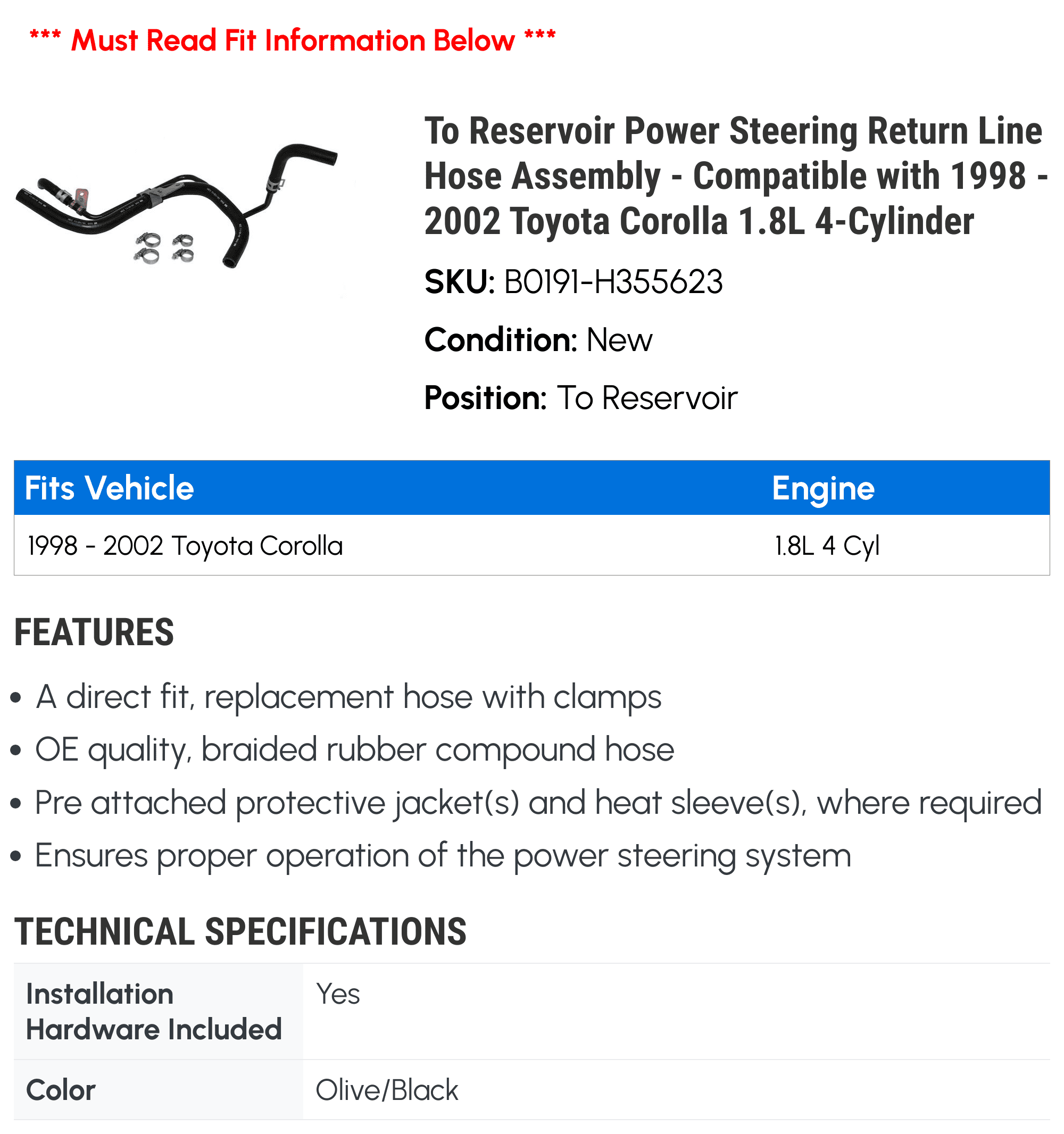 To Reservoir Power Steering Return Line Hose Assembly - Compatible with 1998 - 2002 Toyota Corolla 1.8L 4-Cylinder 1999 2000 2001