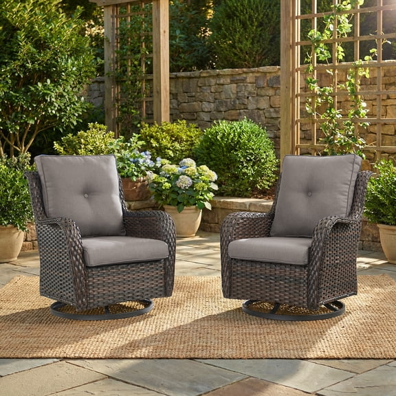 Giantfurnni Patio Furniture Wicker Swivel Rocking Glider Chair High Back Outdoor Rattan Rocker Set of 2 for Porch Backyard