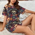 thumbnail image 4 of Daiia Skulls and Flowers Pattern Womens Pajama Sets Short Sleeve Pajamas for Women Sets Soft Lounge Sets Casual Round Neck Sleepwear PJS-XX-Large, 4 of 7