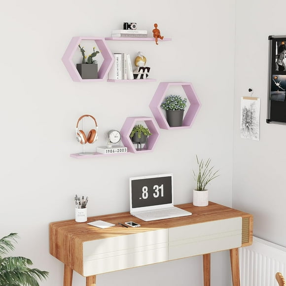 Wooden Hexagon Floating Shelves Wall Mounted,Set of 6 Pine Hexagon Shelves Display for Photos,Plants,Rustic Honeycomb Shelves for Living Room,Bedroom,Bathroom, Kitchen, Office Decor, Pink