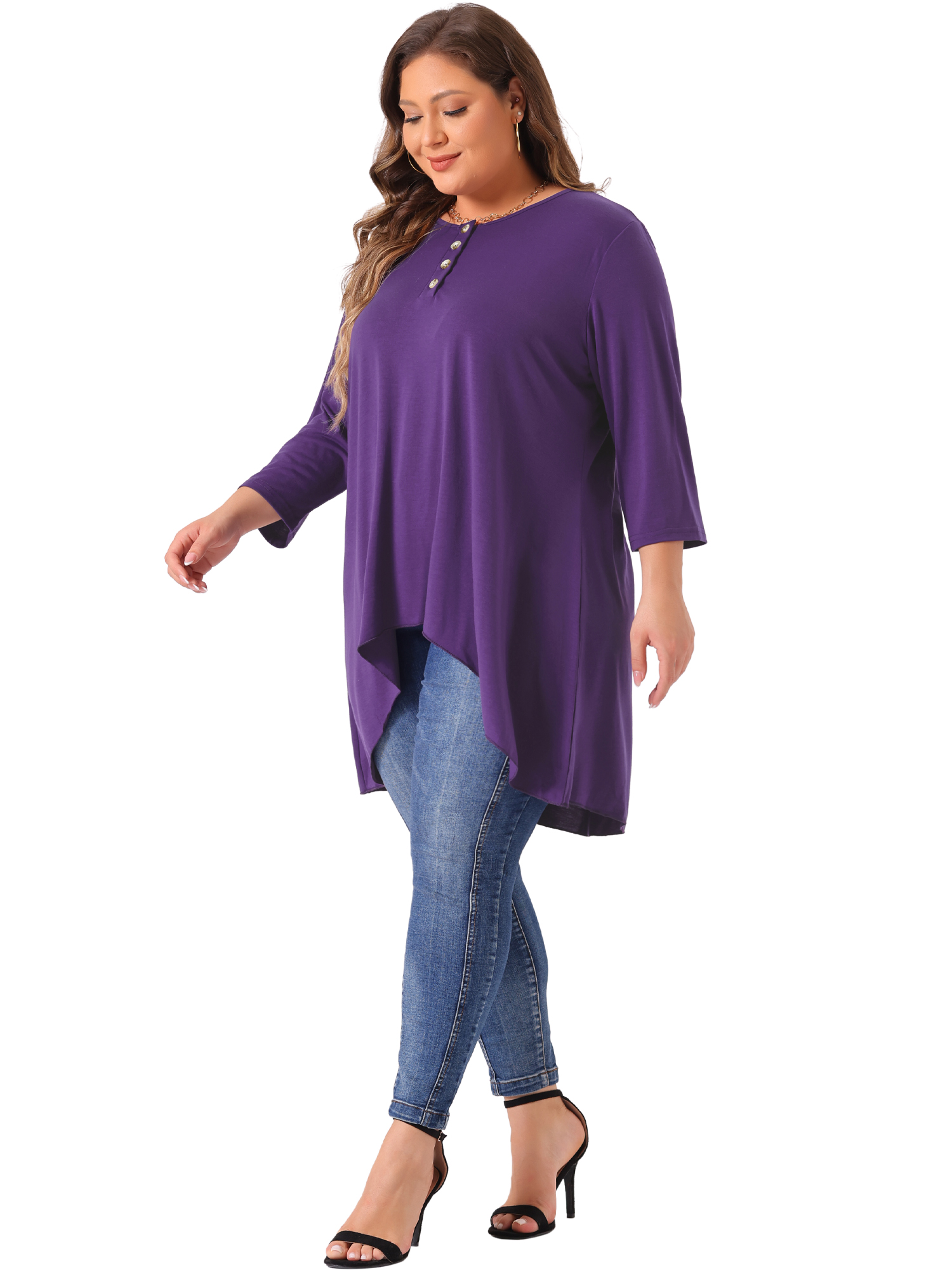 DARING DIVA Women's Plus 3/4 Sleeve High Low Loose Fit Tunic Tops 1X Purple